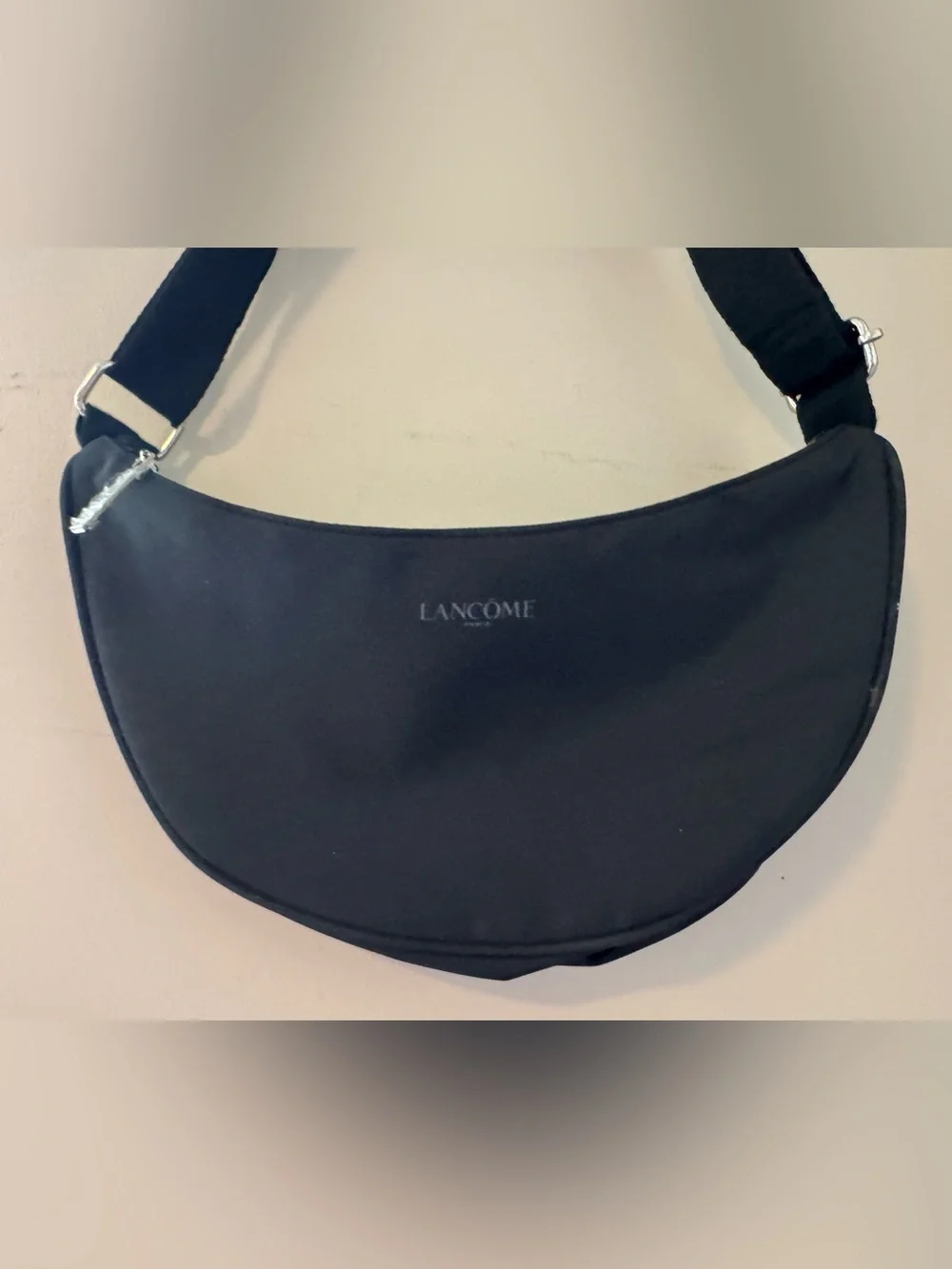 NWOT Lancome Black Nylon Crescent Crossbody Bag Half Moon Adjustable Strap Hobo